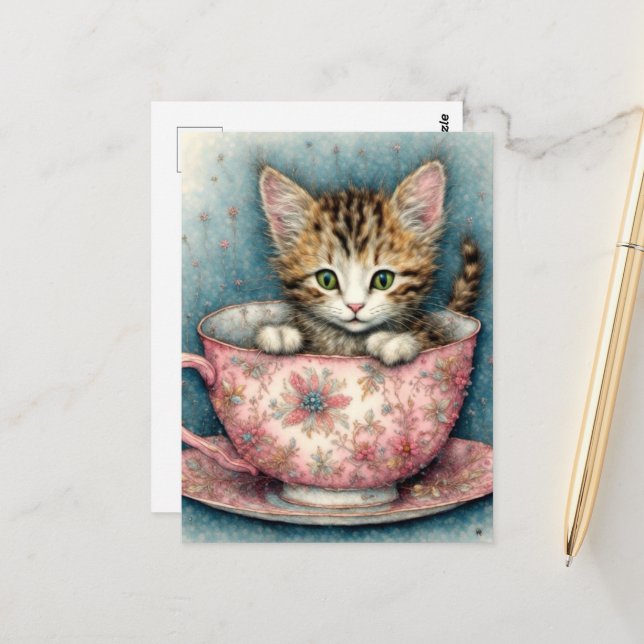 Carte Postale Beautiful kitten in a teacup  (Devant/Arrière en situation)