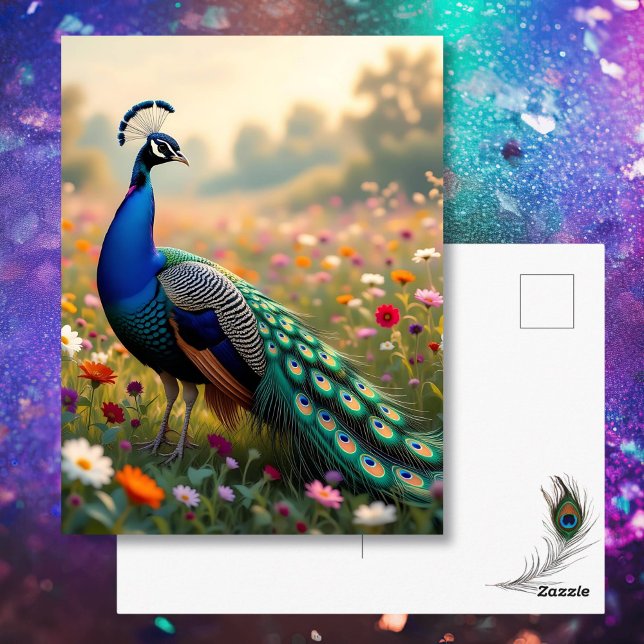 Carte Postale Beautiful Peacock in a Floral Field (Créateur téléchargé)