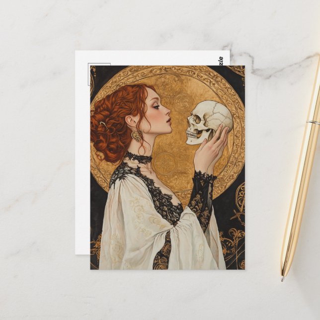 Carte Postale Beautiful Red haired Goddess Woman With a Skull (Devant/Arrière en situation)