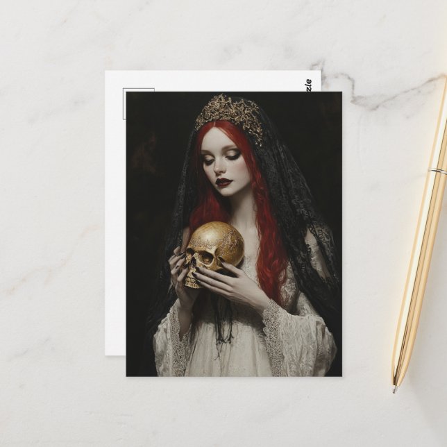 Carte Postale Beautiful Red Haired Woman With a Skull (Devant/Arrière en situation)