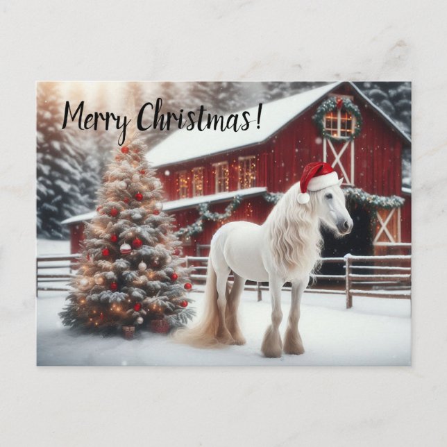 Carte Postale Beautiful white horse wearing a santa sat (Devant)