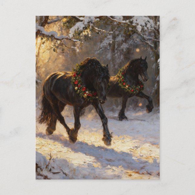 Carte Postale Beaux Chevaux Noirs Forêt d'Hiver Noël (Devant)