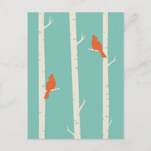 Carte Postale Beaux Oiseaux Oranges perchés sur des bouleaux