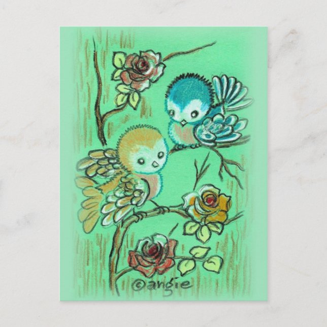 Carte Postale Beaux Oiseaux Sur Le Rose Bush (Devant)