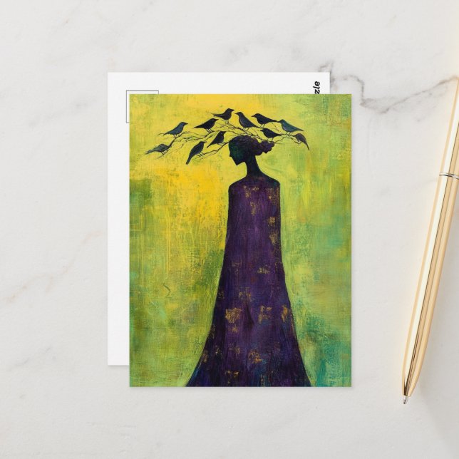 Carte Postale Beaux Oiseaux sur Sa Tête (Devant/Arrière en situation)