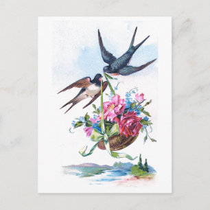 Carte Postale Beaux oiseaux Vintages et fleurs Floral