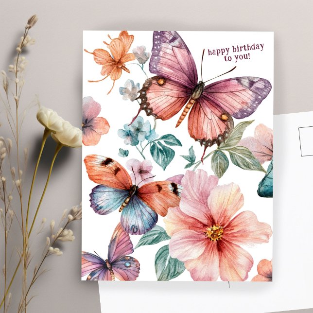 Carte Postale Beaux papillons et fleurs Joyeux anniversaire (Beautiful Butterflies and Flowers Happy Birthday Postcard
)