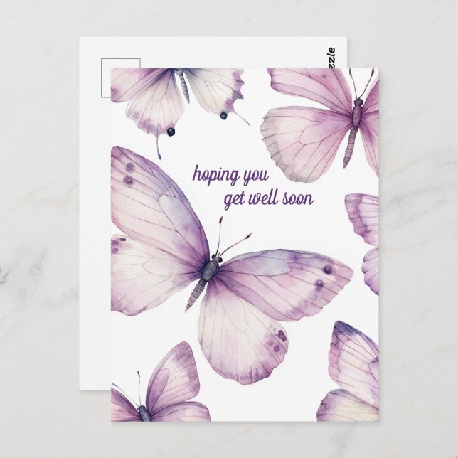 Carte Postale Beaux Papillons Violets RÉTABLISSEMENT RAPIDE (Devant / Derrière)