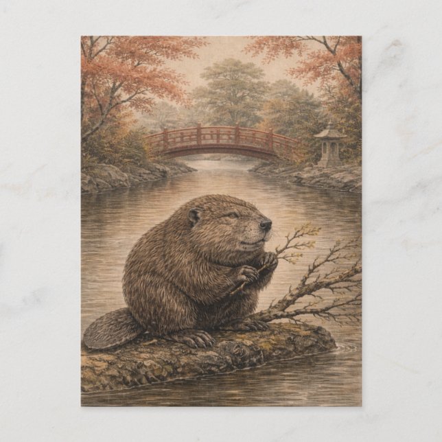 Carte Postale Beaver Japanese Landscape Postcard (Devant)