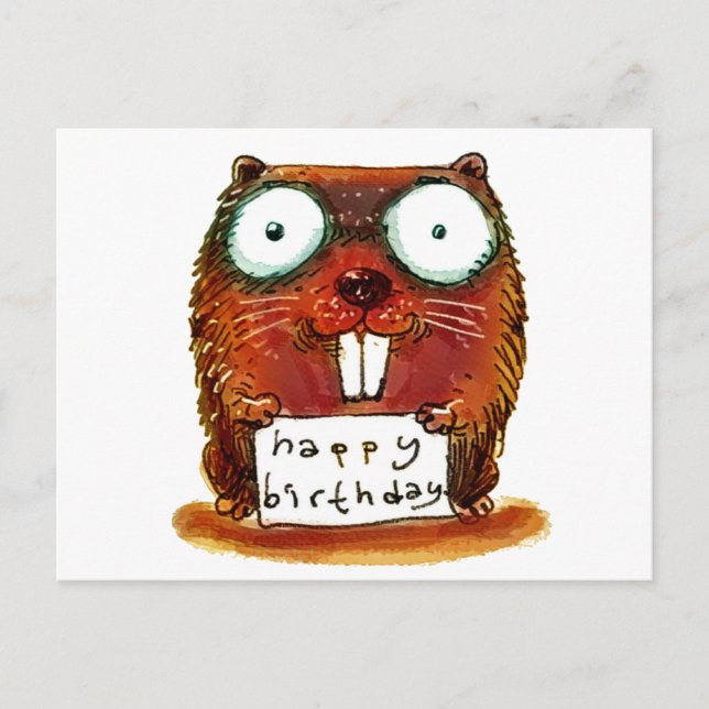 Carte Postale beaver tient joyeux message d'anniversaire dessin  (Devant)