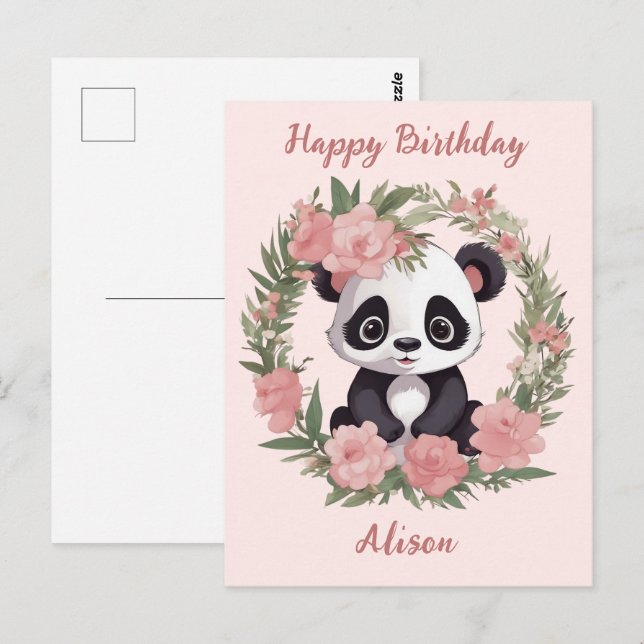 Carte Postale Bébé adorable Panda Ours avec fleurs (Devant / Derrière)