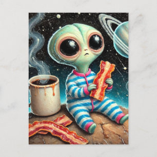 Carte Postale bébé alien mangeant du lard