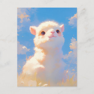 Carte Postale Bébé Alpaga Blanc et Douillet dans un Ciel Bleu En