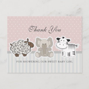 Carte Postale Bébé Animaux Baby shower rose Merci