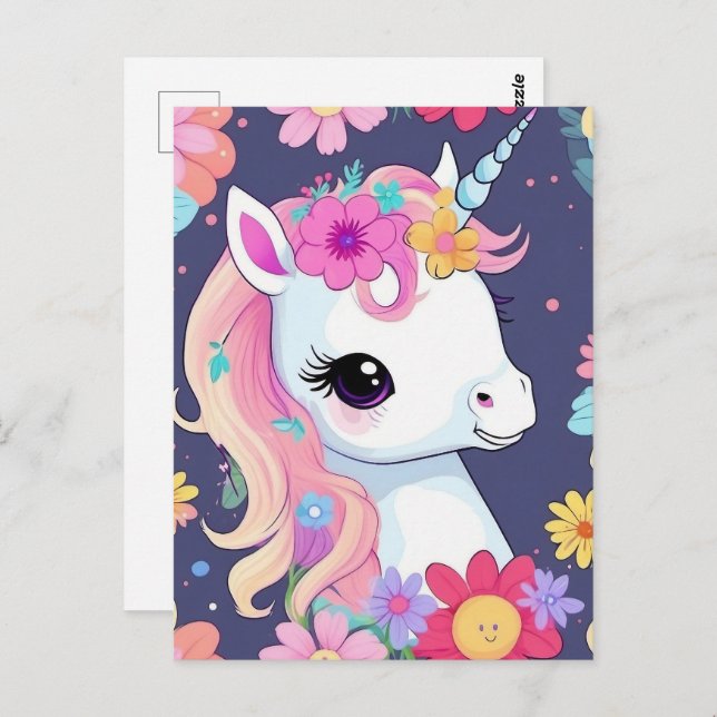Carte Postale Bébé blanc adorable licorne avec fleurs (Devant / Derrière)