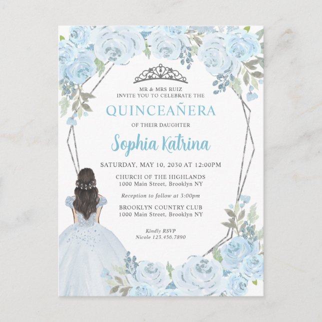 Carte Postale Bébé Bleu Argent Floral Princesse Quinceañera (Devant)