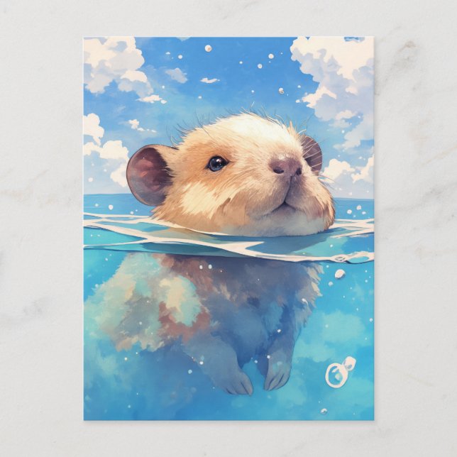 Carte Postale Bébé Capybara Nageant dans l'Eau Bleue Profonde de (Devant)