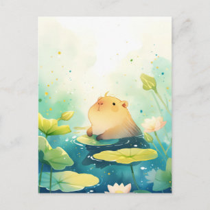 Carte Postale Bébé Capybara sur un nénuphar dans l'étang du Lotu