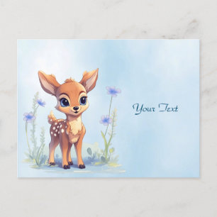 Carte postale bébé cerf fleurs bleues aquarelle