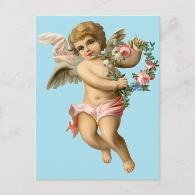 Carte Postale Bébé chérubin vintage avec fleurs (Devant)