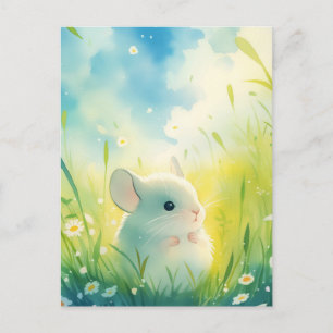 Carte Postale Bébé Chinchilla Blanc dans une Prairie Verte Ensol