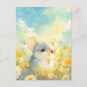 Carte Postale Bébé Chinchilla souriant dans une prairie de fleur