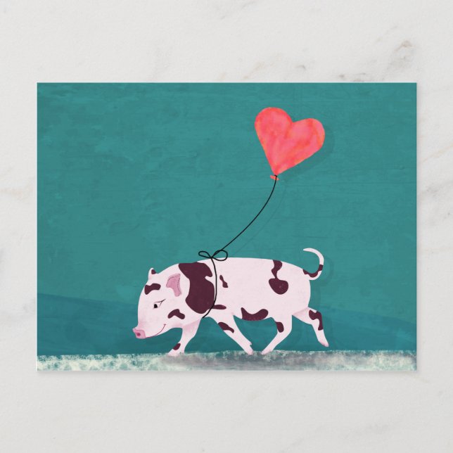 Carte Postale Bébé Cochon Avec Ballons Coeur (Devant)