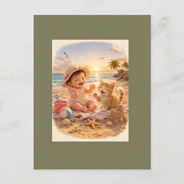 Carte Postale Bébé de la plage et joie du château de sable du ch (Devant)