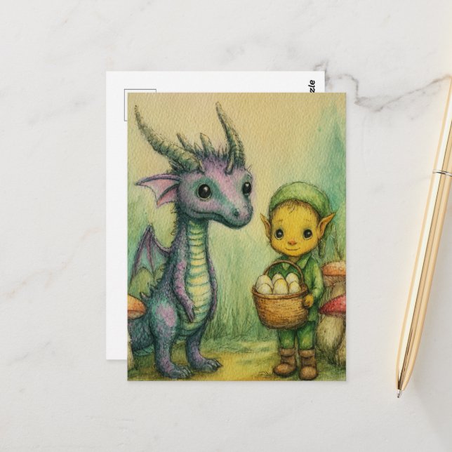 Carte Postale Bébé dragon et elfe avec des œufs (Devant/Arrière en situation)