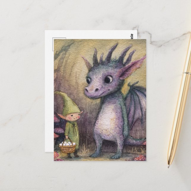 Carte Postale Bébé dragon violet et elfe avec des œufs (Devant/Arrière en situation)