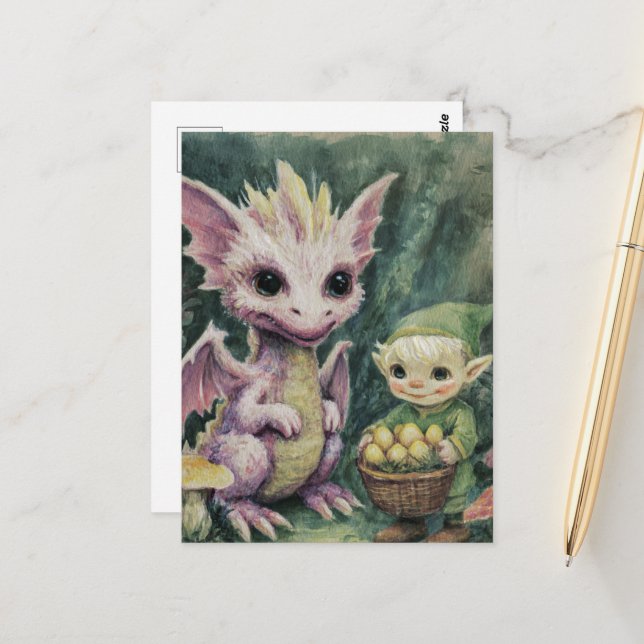 Carte Postale Bébé dragon violet mignon et elfe avec des œufs (Devant/Arrière en situation)