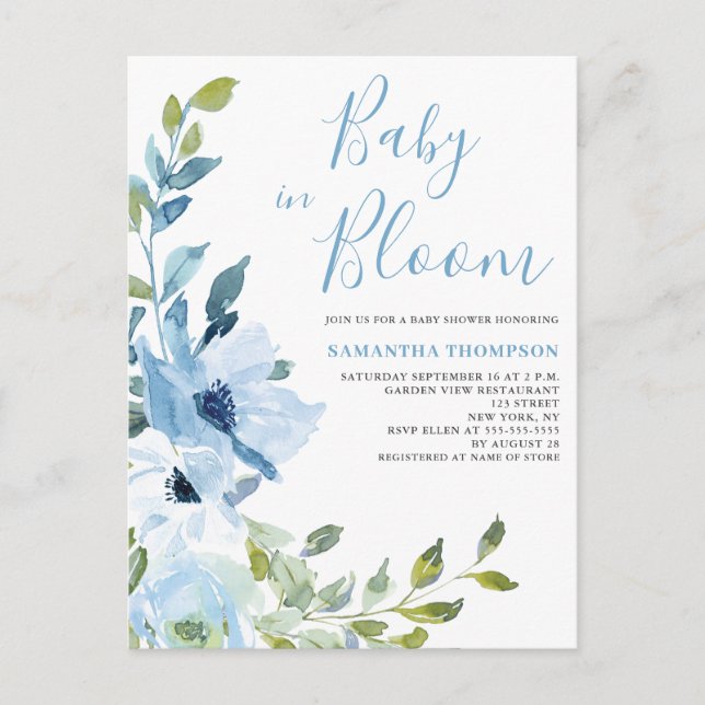 Carte Postale Bébé en Fleur Fête de Bébé Florale Bleue (Devant)