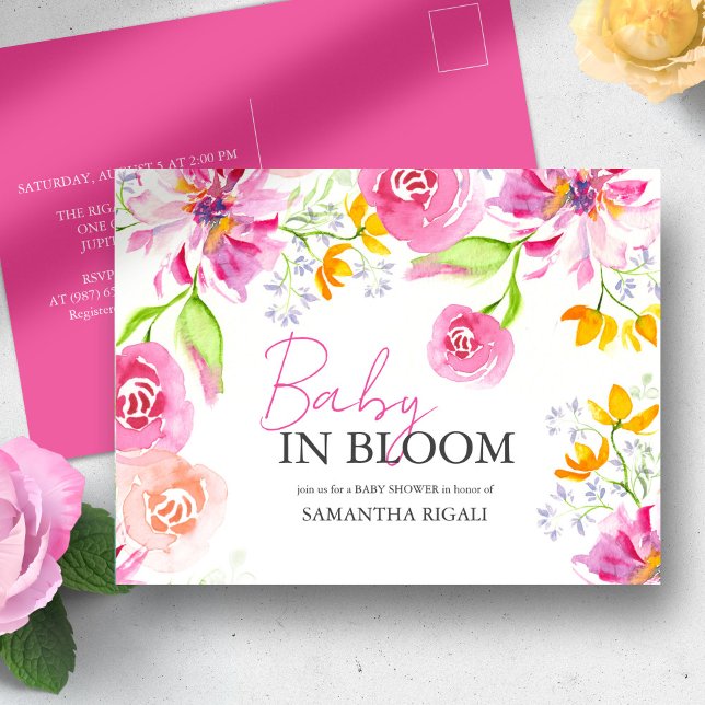 Carte Postale Bébé En Fleur Floral Aquarelle Douche (Baby in bloom invitations postcard watercolor pink, peach and orange florals by Victoria Grigaliunas)