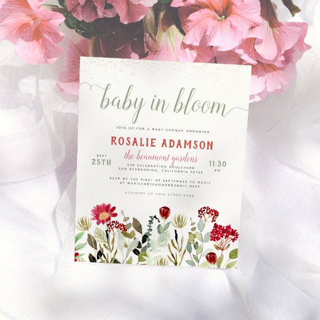 Carte Postale Bébé en fleurs | Fleur sauvage et Baby shower verd (Créateur téléchargé)