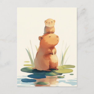 Carte Postale Bébé et Capybara Adulte Empilés sur un Étang à Nén