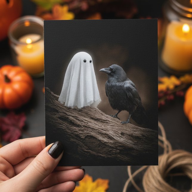Carte Postale Bébé Fantôme Mignon et Corbeau Halloween (Créateur téléchargé)