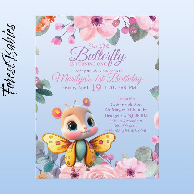 Carte Postale Bébé fille Fleurs Papillon 1er Anniversaire Adorab (Butterfly Girl 🦋 Pink Floral 🌸 ForestBabies Customizable 1st Birthday Party Front)