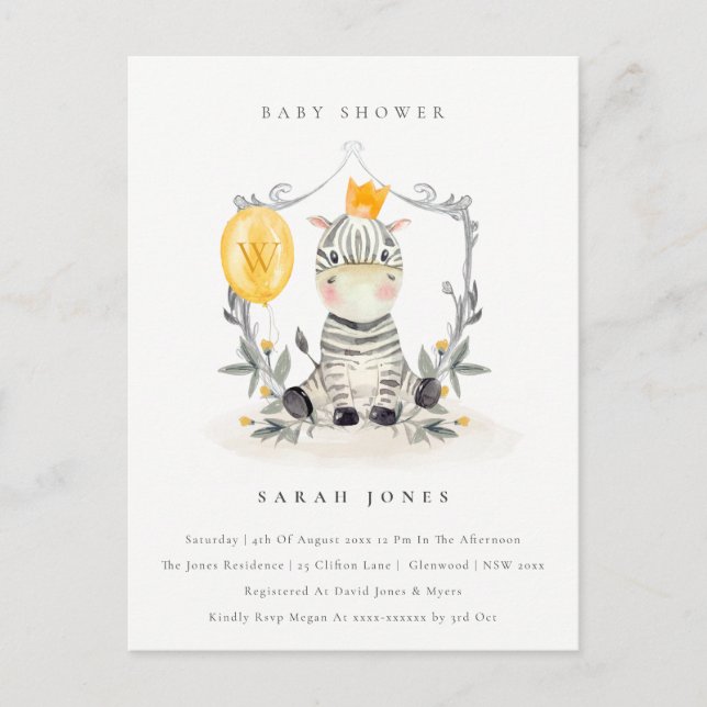 Carte Postale Bébé jaune mignon Zèbre Baby shower de feuillage (Devant)