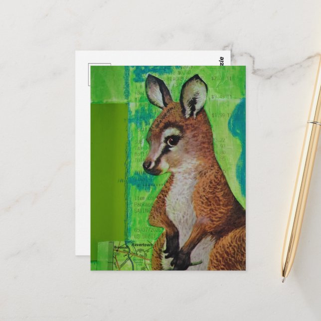 Carte Postale Bébé kangourou dans un collage de techniques mixte (Devant/Arrière en situation)