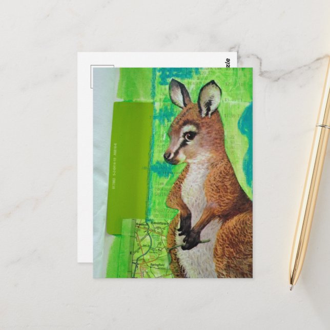 Carte Postale Bébé kangourou dans un collage de techniques mixte (Devant/Arrière en situation)