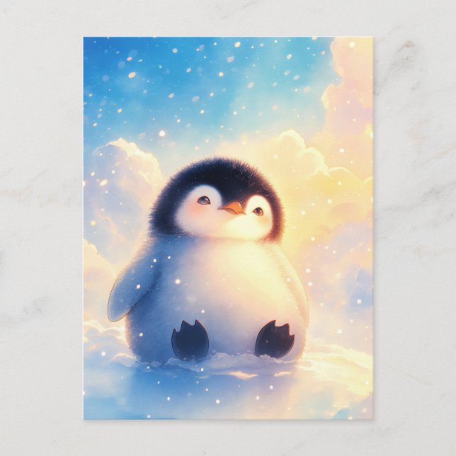 Carte Postale Bébé Manchot Tout Fluffy Dans La Neige Dorée (Devant)