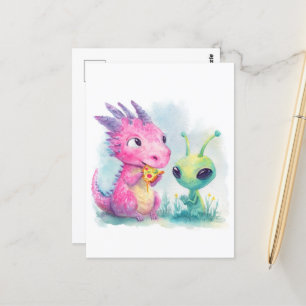 Carte Postale Bébé mignon Dragon Violet Manger Pizza Avec Alien
