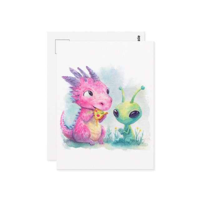 Carte Postale Bébé mignon Dragon Violet Manger Pizza Avec Alien (Devant/Arrière en situation)