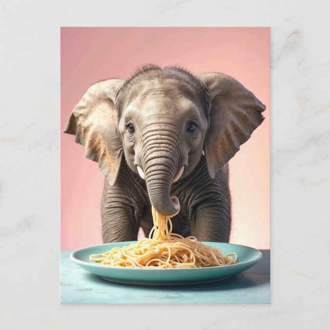Carte Postale Bébé mignon Eléphant Manger Spaghetti (Devant)