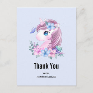 Carte Postale Bébé mignon et magique Unicorn Merci d'aquarelle