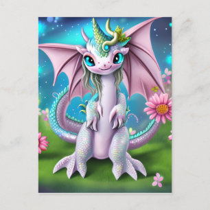 Carte Postale Bébé mignon et souriant Dragon aux fleurs