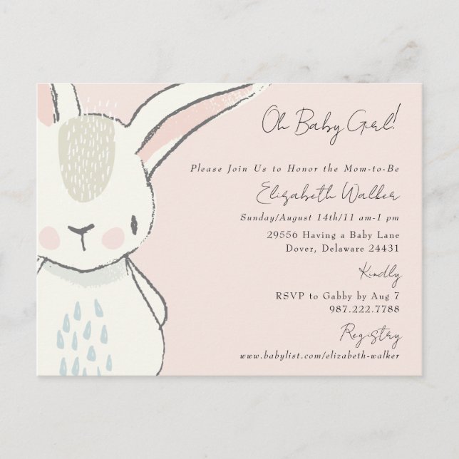 Carte Postale Bébé mignon fille lapin Baby shower rose (Devant)