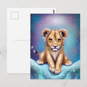 Carte Postale Bébé mignon Lion Cub Arrière - plan neigeux