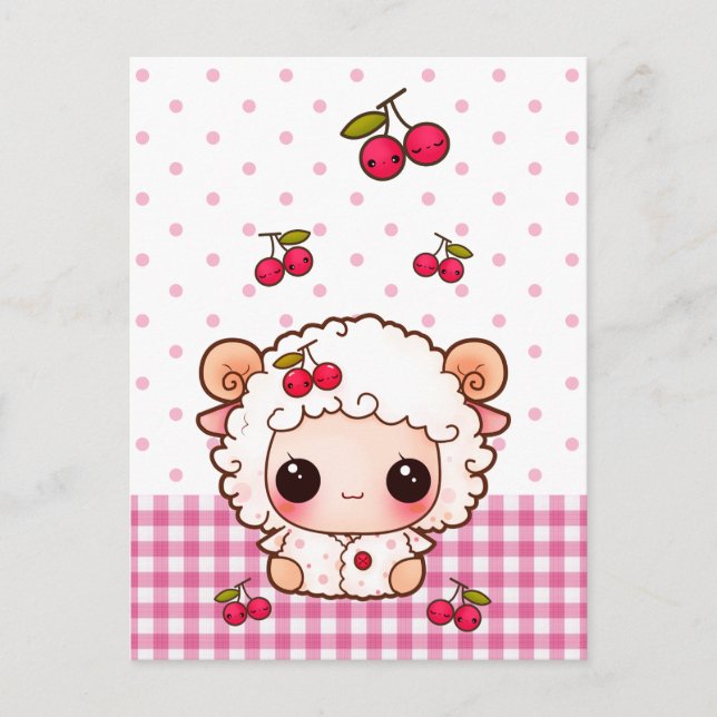Carte Postale Bébé mignon mouton avec cerises kawaii (Devant)