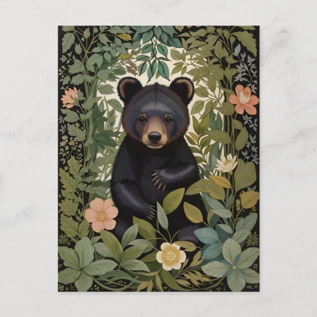 Carte Postale Bébé mignon Ours noir Forêt botanique (Devant)